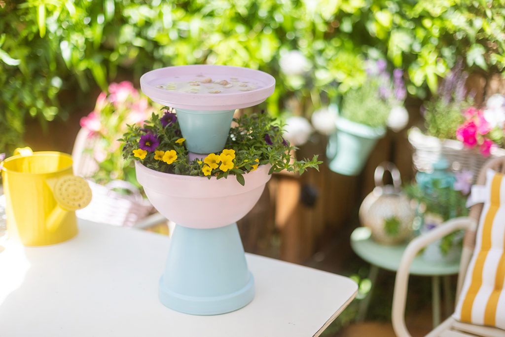 DIY Planted bird bath made from terracotta pots